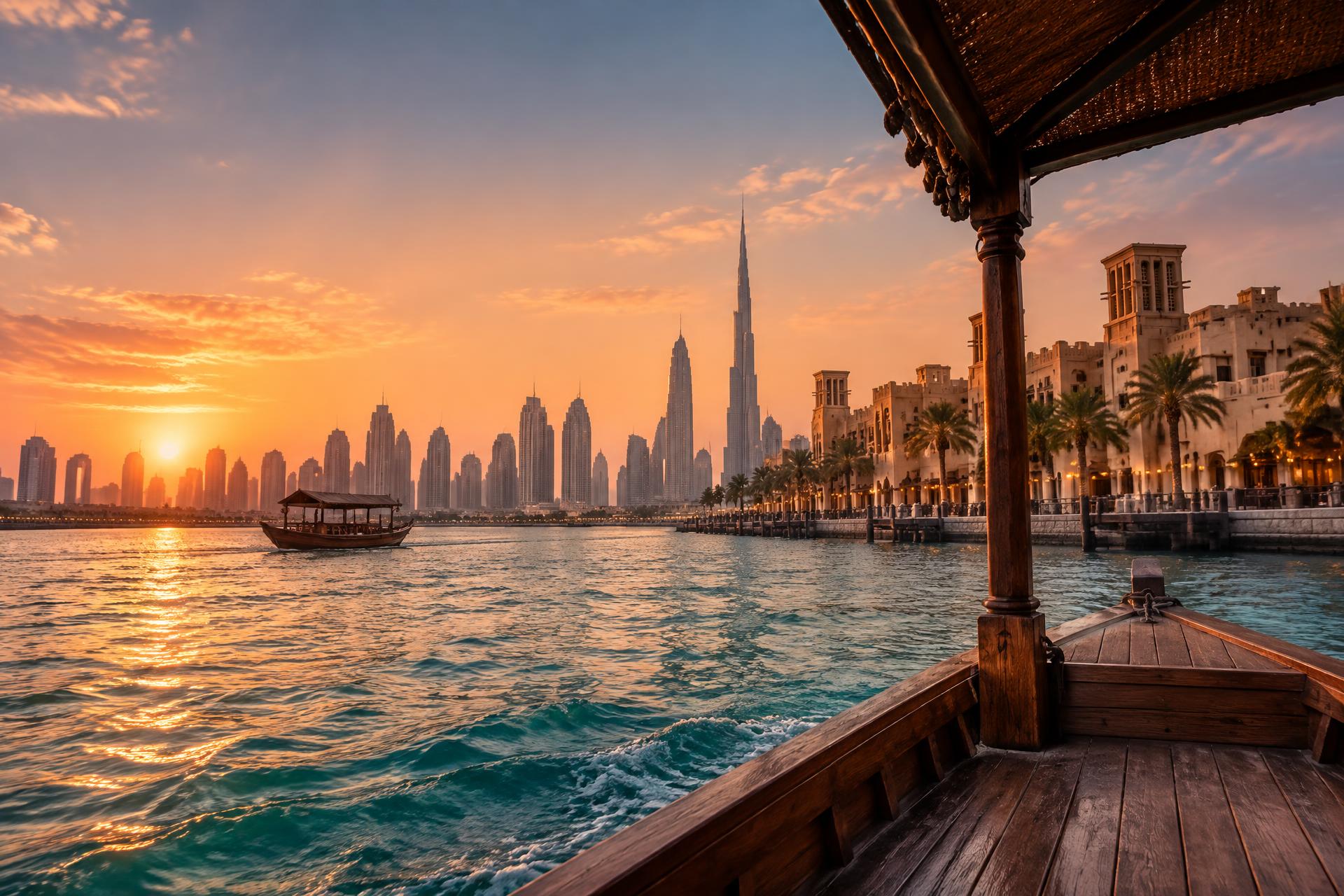 Dubai Creek and the illuminated city skyline at sunset